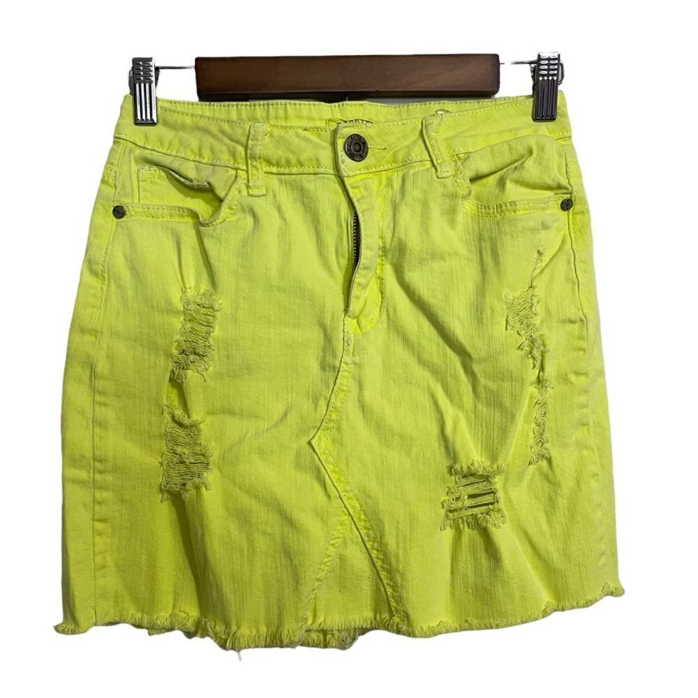 Machine Jeans Womens Juniors Neon Yellow Y2K Distressed Cut Off Jean Skirt Large